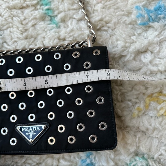 Prada | Black Tessuto / Calfskin Grommet Chain Shoulder Bag - Picture 15 of 17